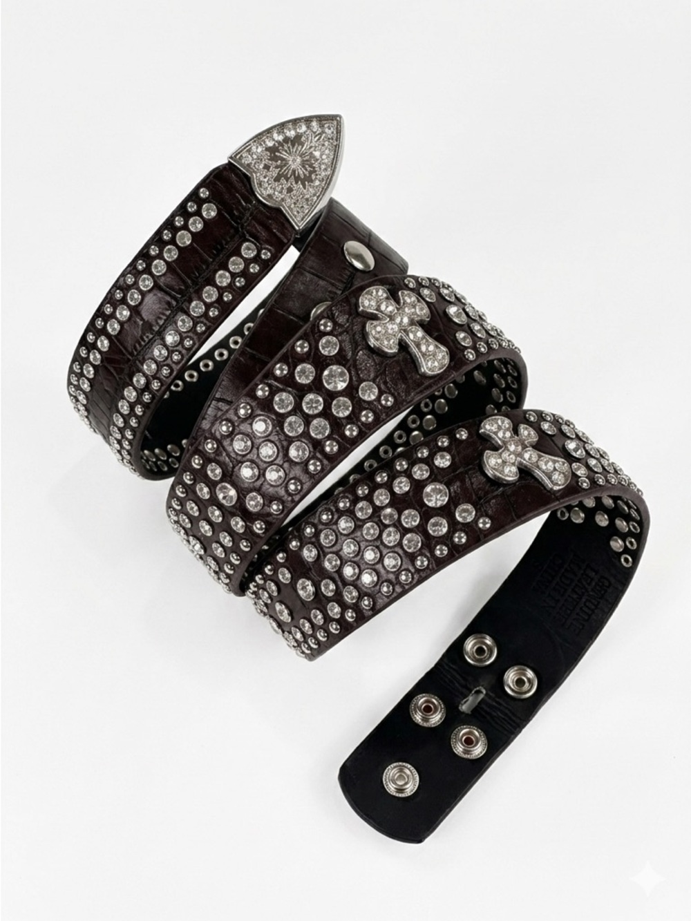 Y2K Western Rhinestone Cross Studded Croc Leather Snap On Belt Strap Black S